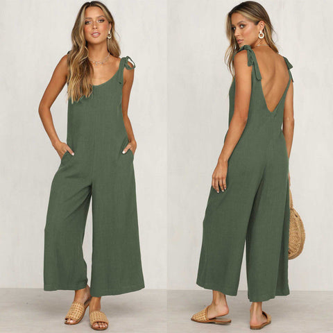 Image of Rompers 2019 Summer new Women Casual Loose Linen Cotton Jumpsuit Sleeveless Backless Playsuit Trousers Overalls