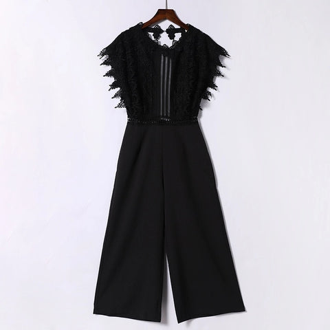 Image of Sexy Lace Hollow Out Women's Jumpsuit Rompers Sleeveless Backless Black White Overalls 2020 Summer Wide Leg Ruffles Playsuits