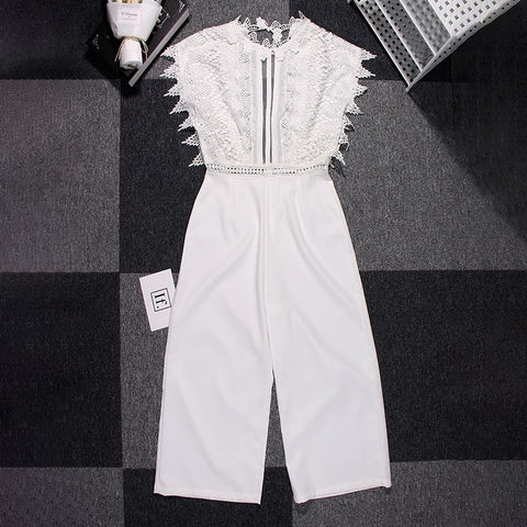 Image of Sexy Lace Hollow Out Women's Jumpsuit Rompers Sleeveless Backless Black White Overalls 2020 Summer Wide Leg Ruffles Playsuits