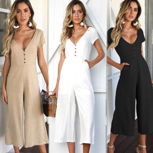 arrival Women Short Sleeve V neck Clubwear Playsuit Bodysuit Party High Waist Loose Jumpsuit Chiffon Long Trousers